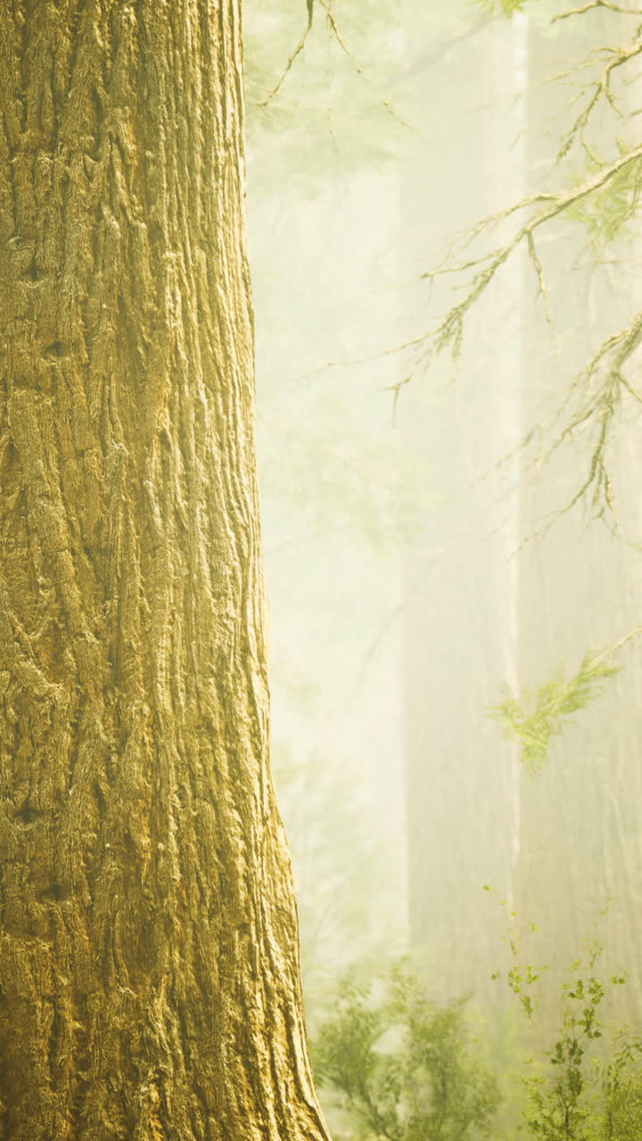 안개 숲 에 있는 높은 레드우드 나무 들