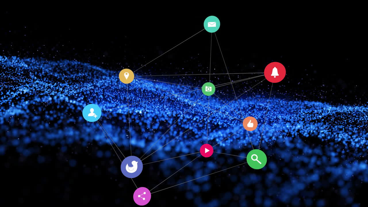 빛나는 파란색 mesh 위에 아이콘과 연결 네트워크의 애니메이션