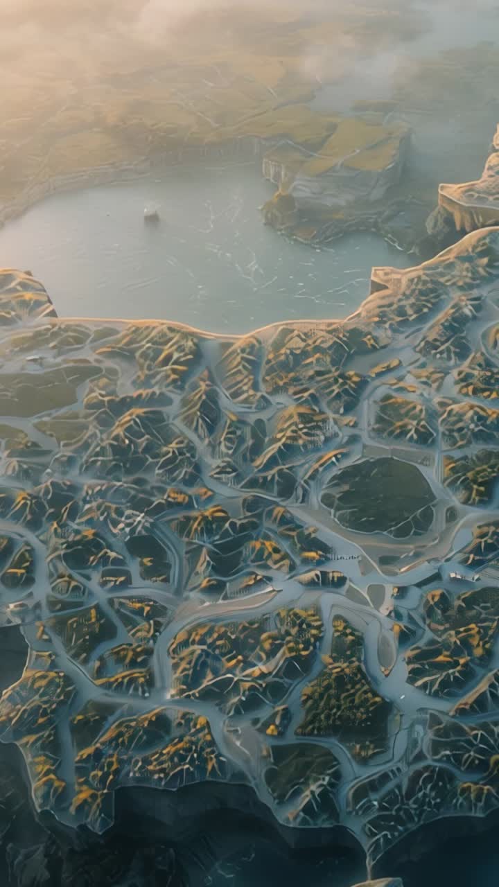 Vertical video: Camera drifting over braided rivers during sunrise in floodplain with mist and lake