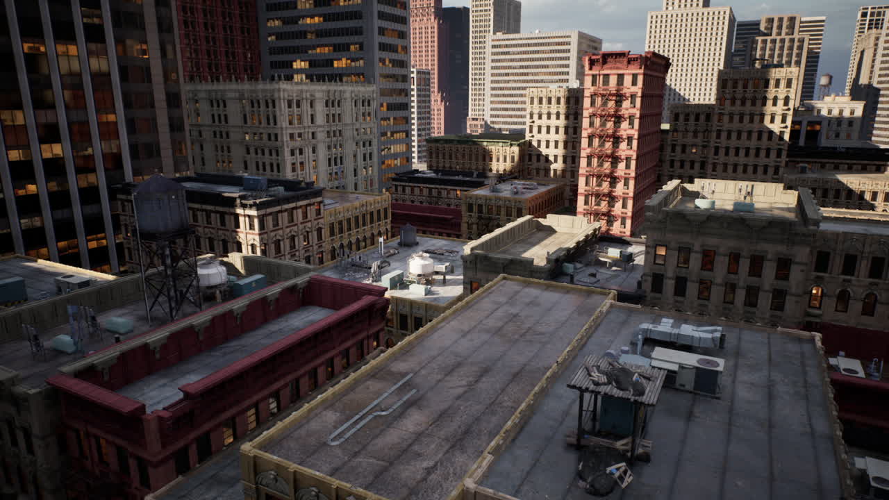 vista aérea de una ciudad al atardecer