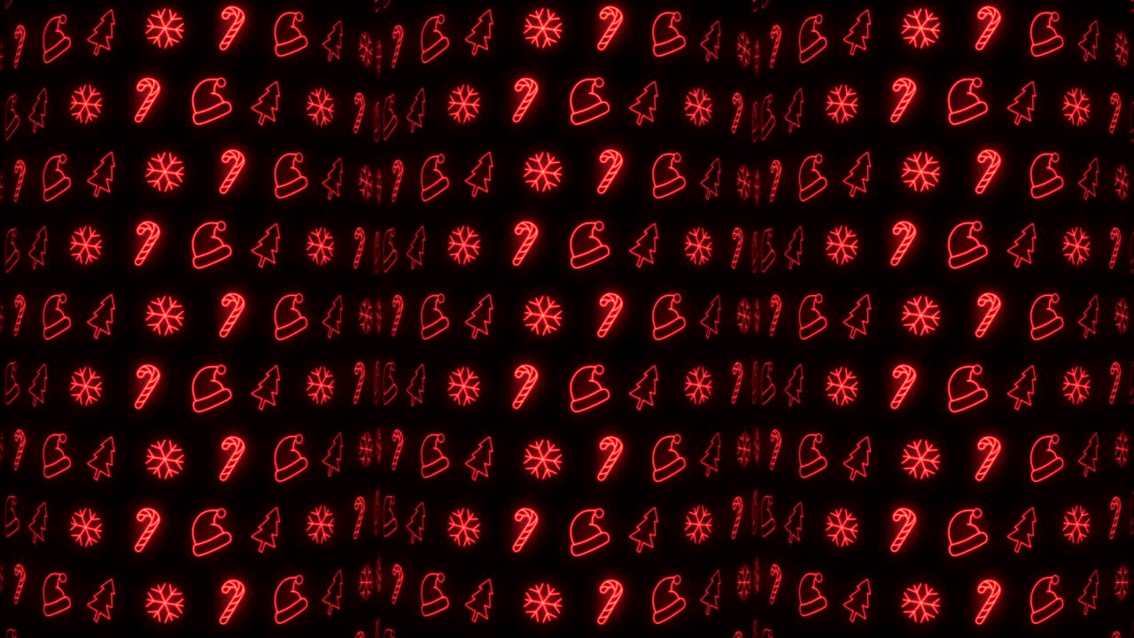 fondo de patrón de navidad de neón de árbol de navidad, copo de nieve, sombrero de santa y bastón de caramelo en animación de bucle rojo y negro