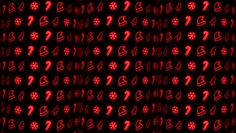 fondo de patrón de navidad de neón de árbol de navidad, copo de nieve, sombrero de santa y bastón de caramelo en animación de bucle rojo y negro