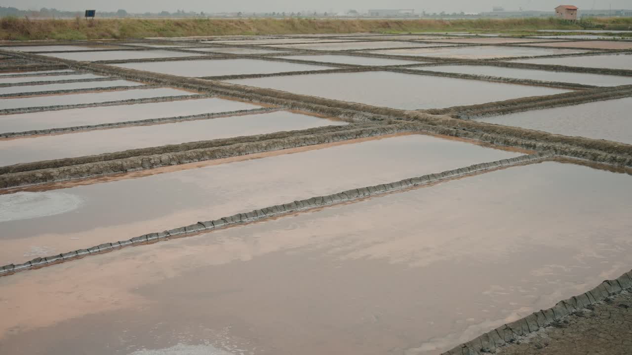 Vista de las salinas de Aveiro que muestra agua rosa y divisiones de arcilla texturizada