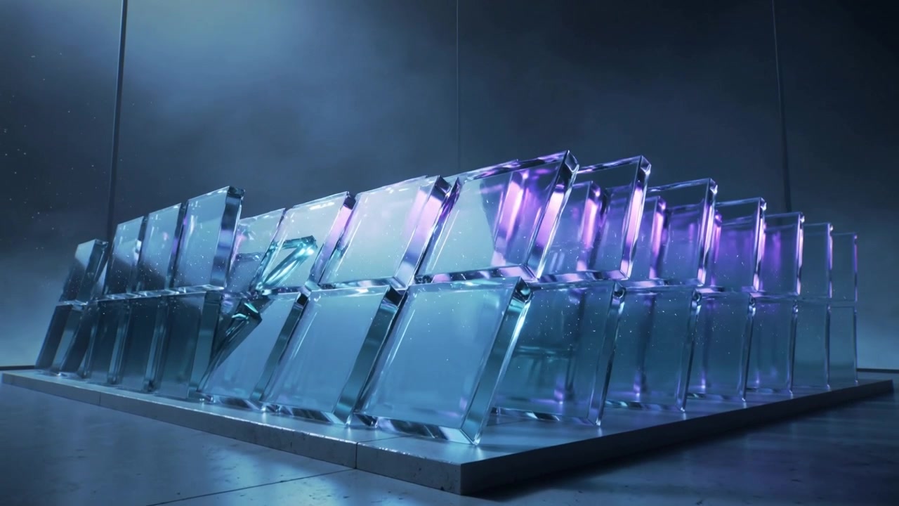 Tilting aqua-tinted glass panels shifting on raised base in studio, reacting to colored lights
