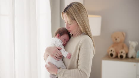 sleeping, love and mother with baby in home