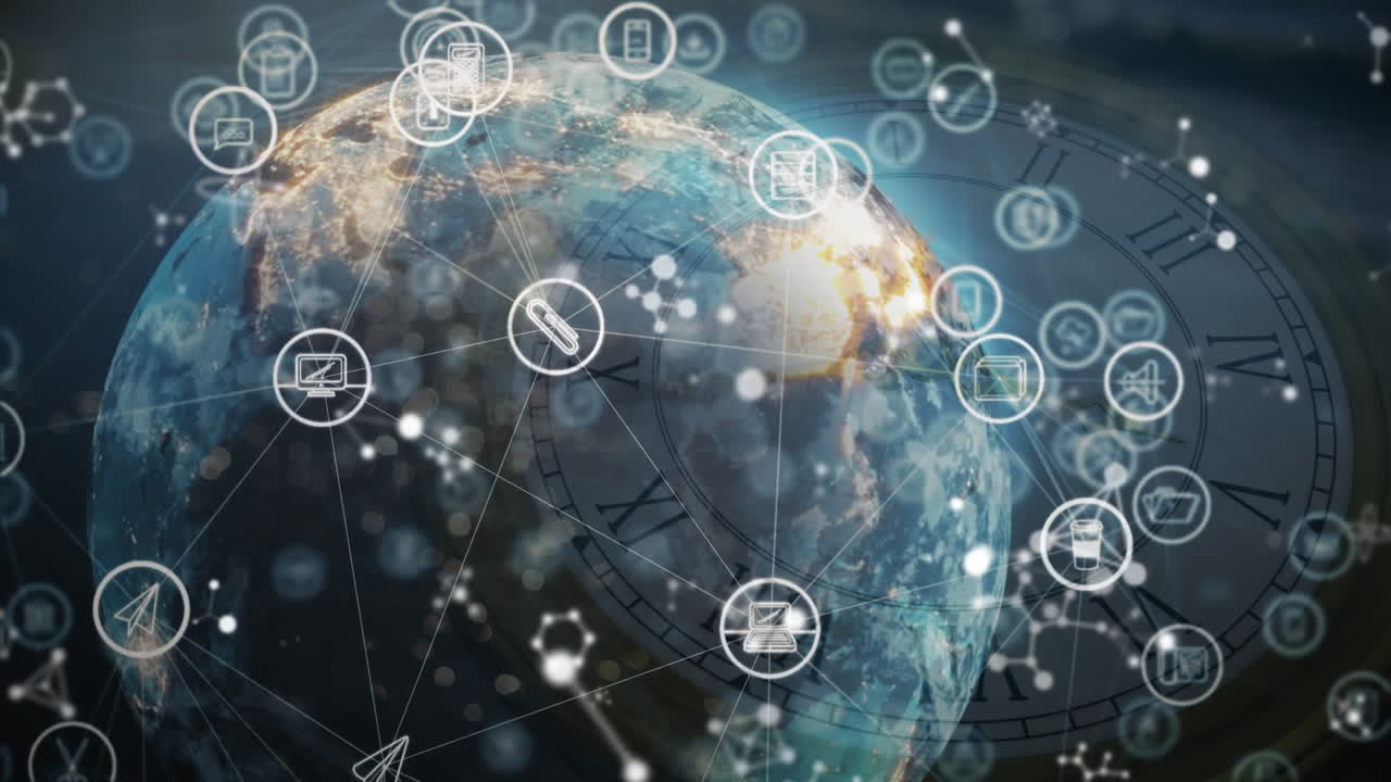 анимация сети соединений с иконами, глобусом и молекулами в течение часа