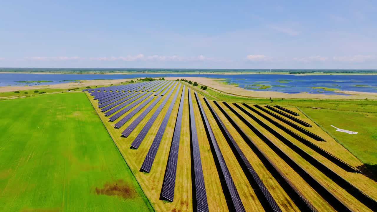 Rows of solar panels glisten under clear sky near lake renewable energy summer