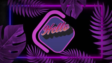 Animation-Von-Hallo-Text-über-Violetten-Blättern-Auf-Dunklem-Hintergrund