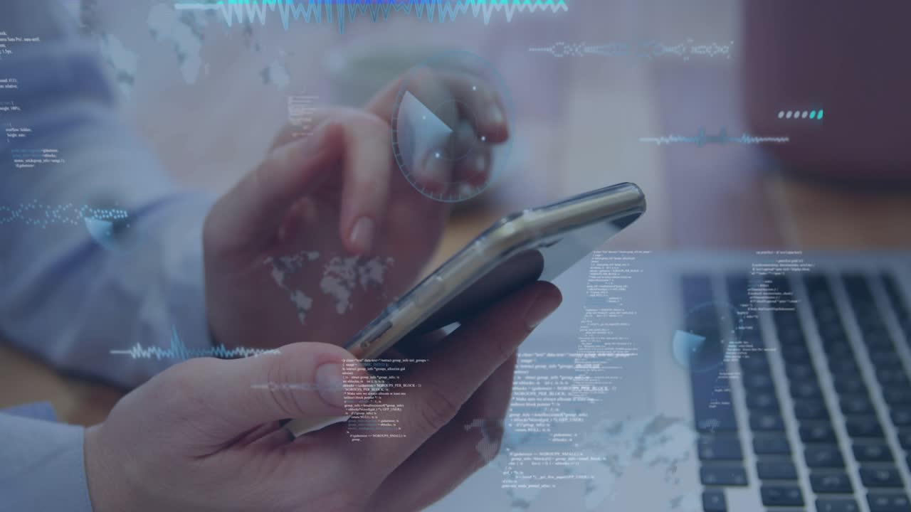 Steadying smartphone and tapping screen as map shapes and rotating gauge visualizing data flow