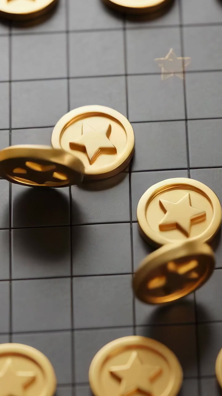 Vertical video: Pushing left-edge gold token, token cluster toppling on dark grid, causing spins