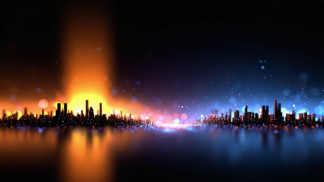 A mesmerizing digital landscape showcasing a vibrant spectrum of colors and lights, portraying an abstract city skyline against a dark, tranquil background