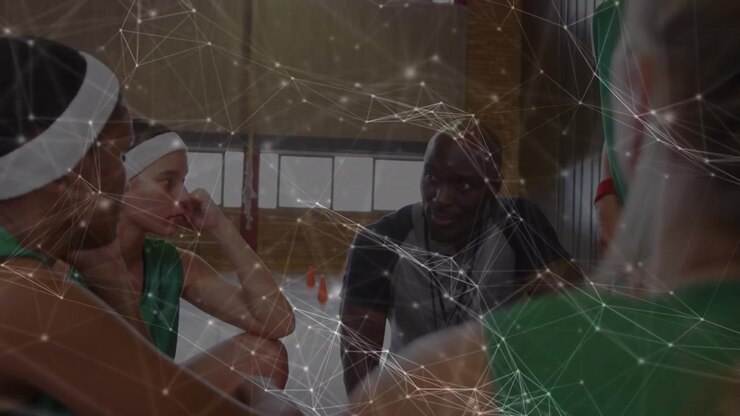 Animazione di rete di connessioni su una donna e un uomo che si allenano all'aperto