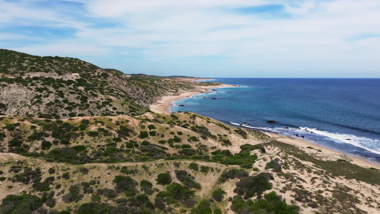 Ripresa cinematografica con drone della spiaggia di Cabo Pulmo, sabbia bianca dorata e onde perfette per il surf