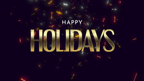 happy holidays with flying confetti on dark background