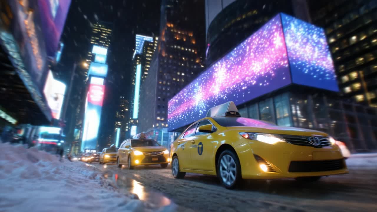 A Vibrant Cityscape at Night Featuring Yellow Cabs, Sparkling Lights, and Snowy Streets, Capturing the Dynamic Atmosphere and Energy of Urban Transportation in a Winter Wonderland