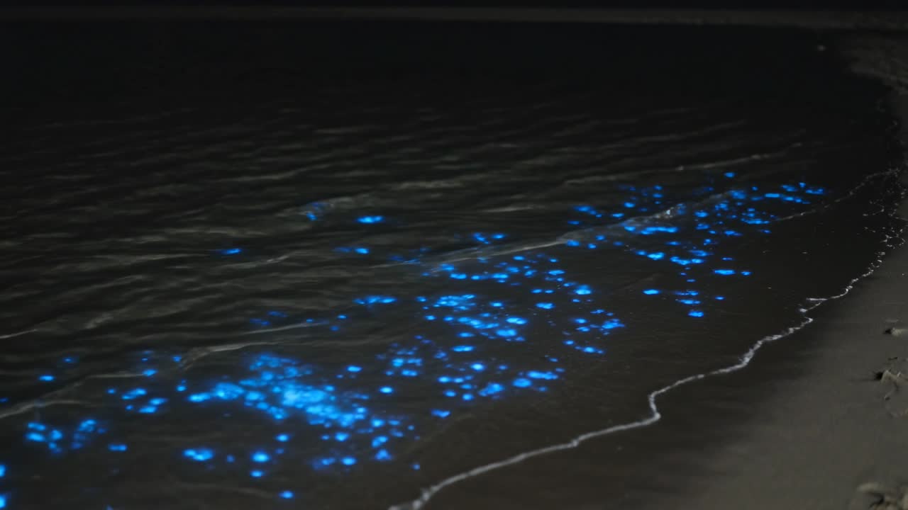 Olas entrantes agitando la espuma bioluminiscente, causando estallidos y estelas azules a lo largo de la orilla.