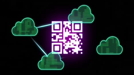 Animation-of-qr-code-and-data-processing-over-clouds