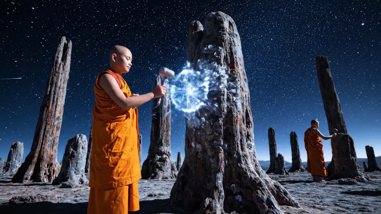Monks working at night