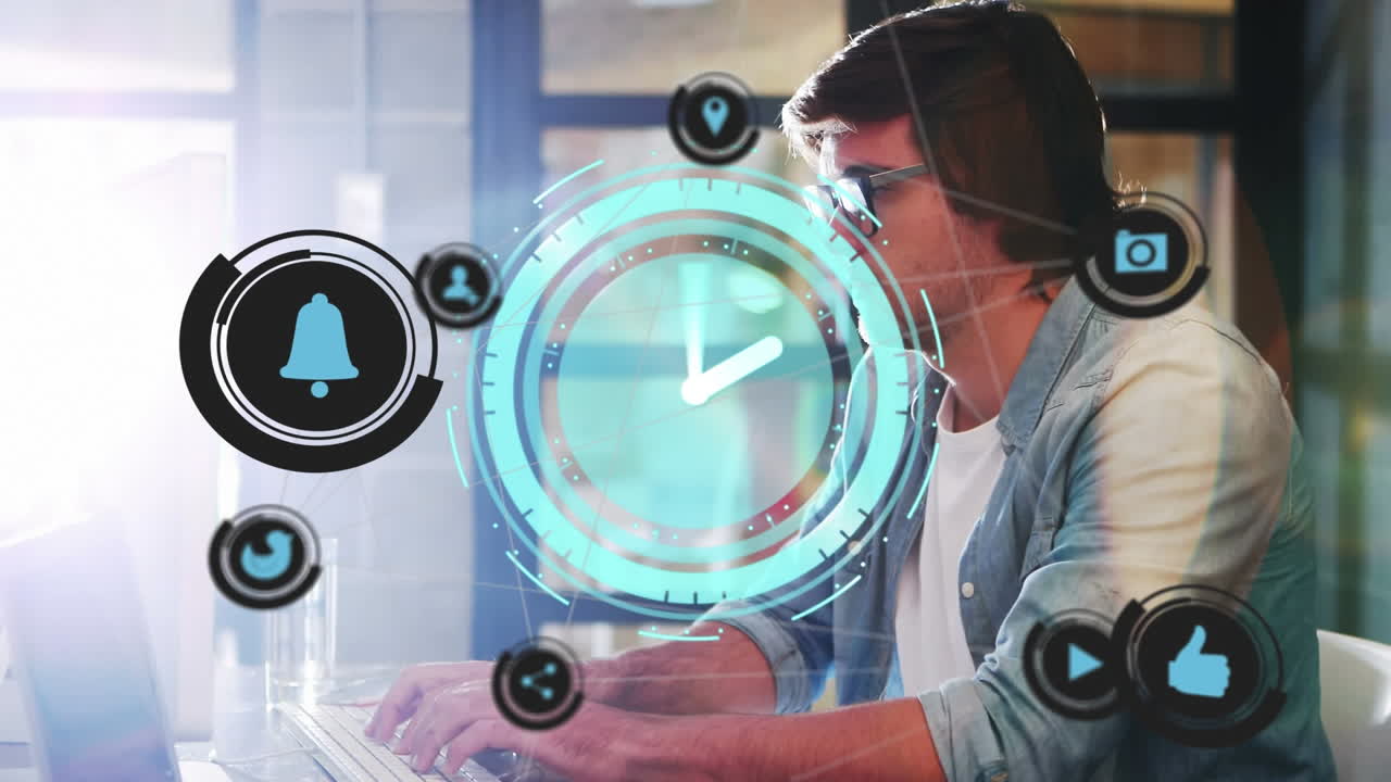 animación de la red de conexiones y el reloj sobre el hombre de negocios en la oficina