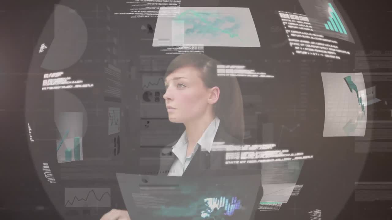 анимация деловой женщины с использованием интерфейса сенсорного экрана с экранами обработки данных