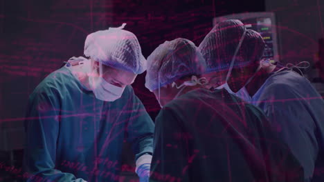 performing operation, surgeons using digital data animation in hospital setting