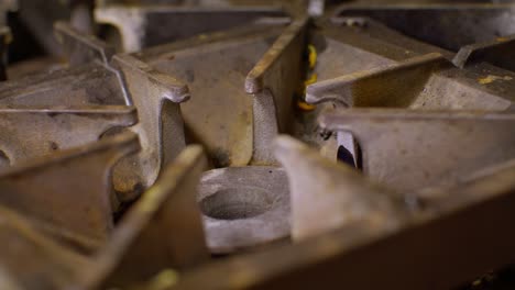 close up of industrial gas unlit gas stove top with stable video shot.