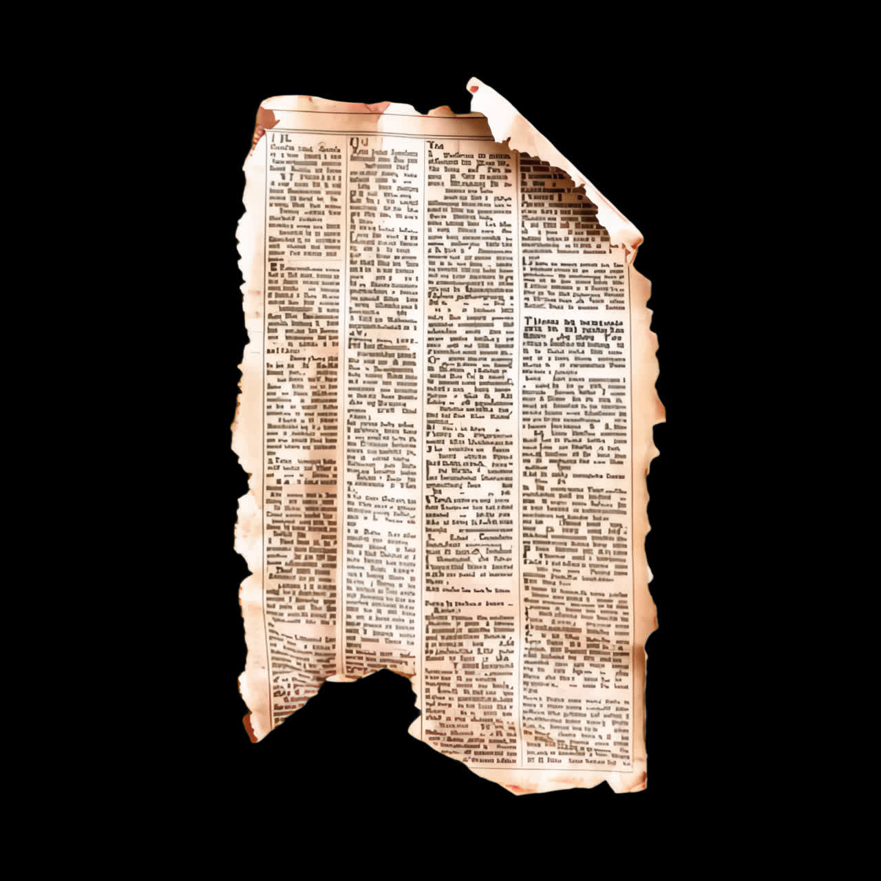 Vintage torn newspaper page animation isolated asset, transparent 4K video, alpha channel, ProRes