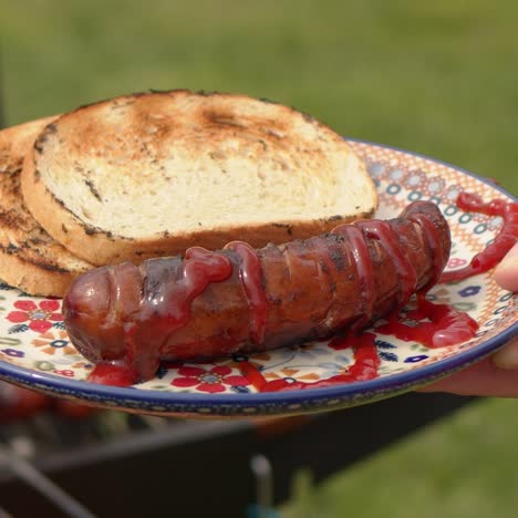 mujer sosteniendo un colorido plato de cerámica con salchicha asada y pan a la parrilla