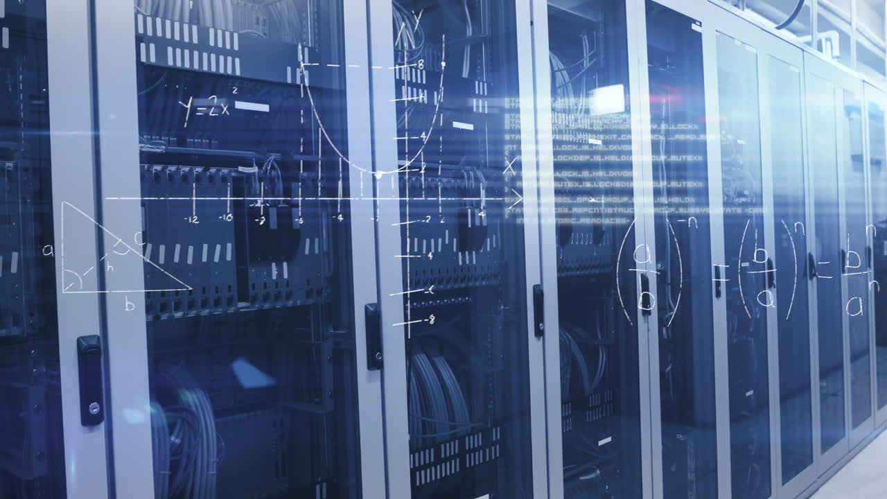 Mathematical equations against empty server room