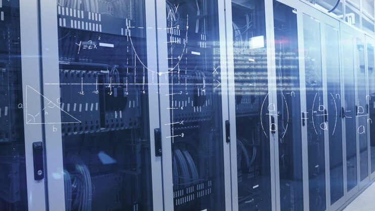 Mathematical equations against empty server room