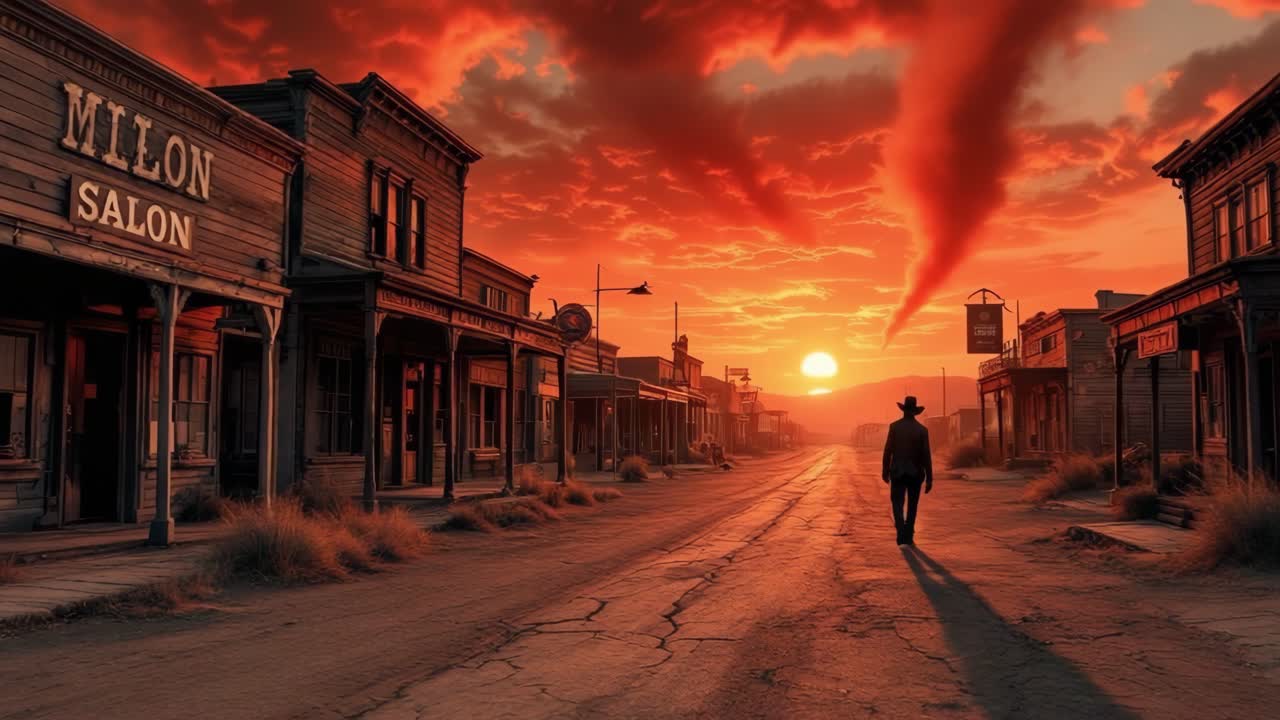 Lone figure walking down deserted street at sunset, showcasing western town atmosphere and dramatic sky