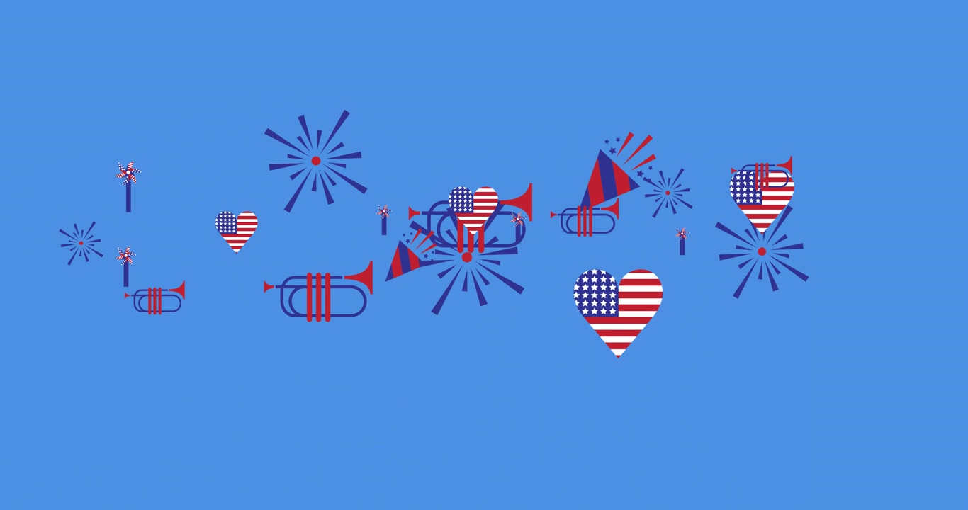 Animation of american flags and independence day icons moving over blue background