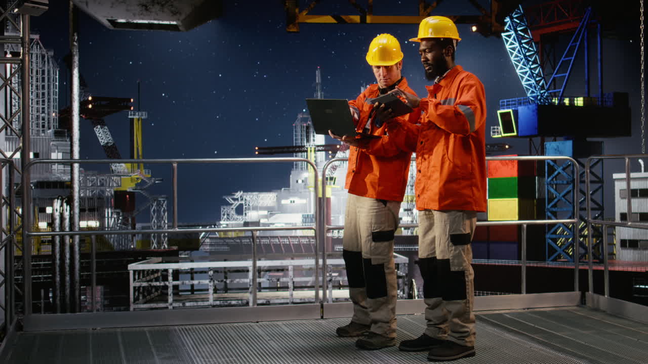 Engineers assess natural gas extraction data on oil drilling platform