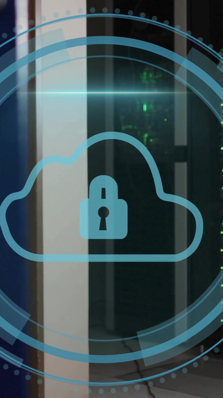 Animation of cloud icon and digital data processing over computer servers