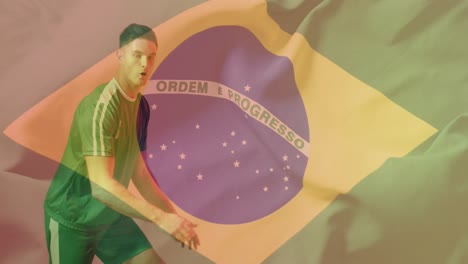 animation of caucasian male soccer player over flag of brazil