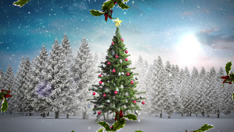Weihnachtskranzdekoration-über-Schnee,-Der-Auf-Weihnachtsbaum-Auf-Winterlandschaft-Fällt