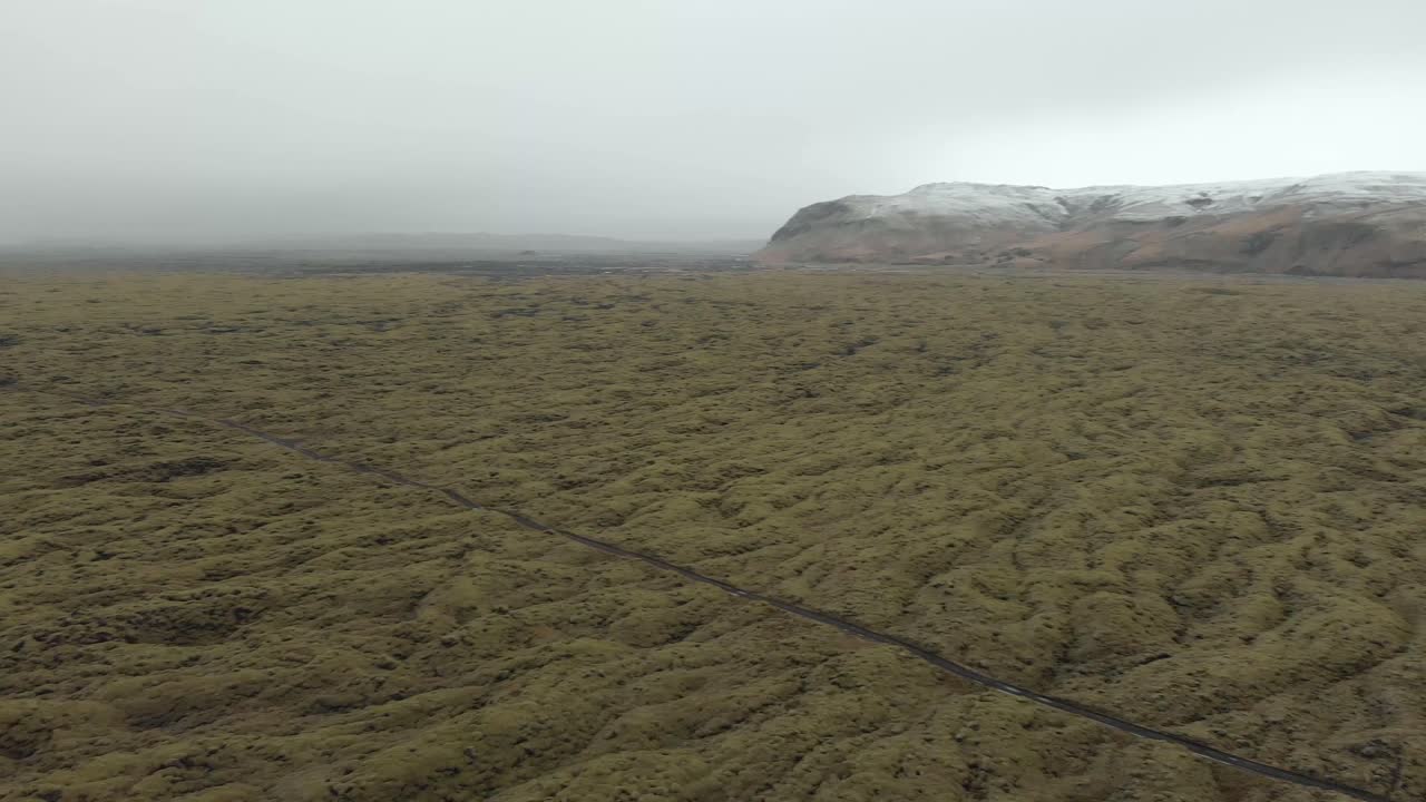 Aerial shot of a moss covered lava field in Iceland