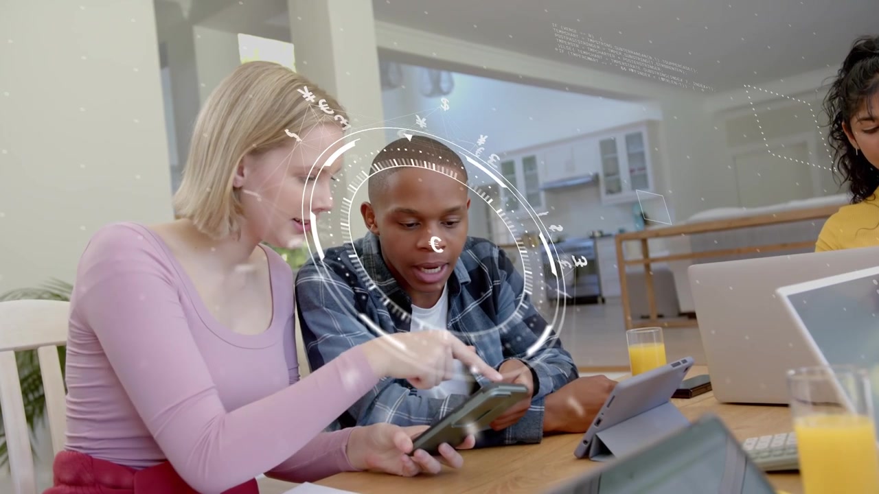 Female showing phone, male taking and tapping, collaborating on finance with Euro HUD