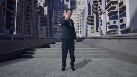 full body of asian business man smiling and making honest gesture in city
