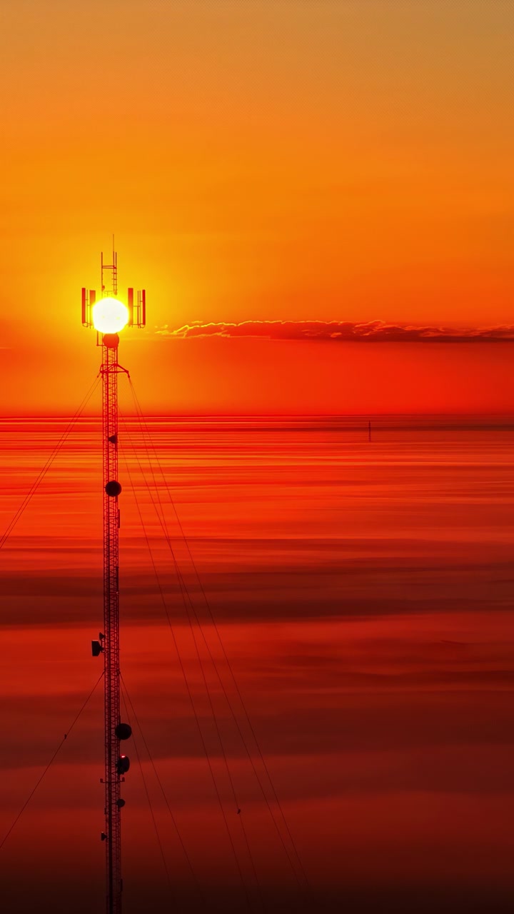 Una torre delle telecomunicazioni si erge contro un cielo arancione vivido mentre il sole tramonta dietro nuvole stratificate