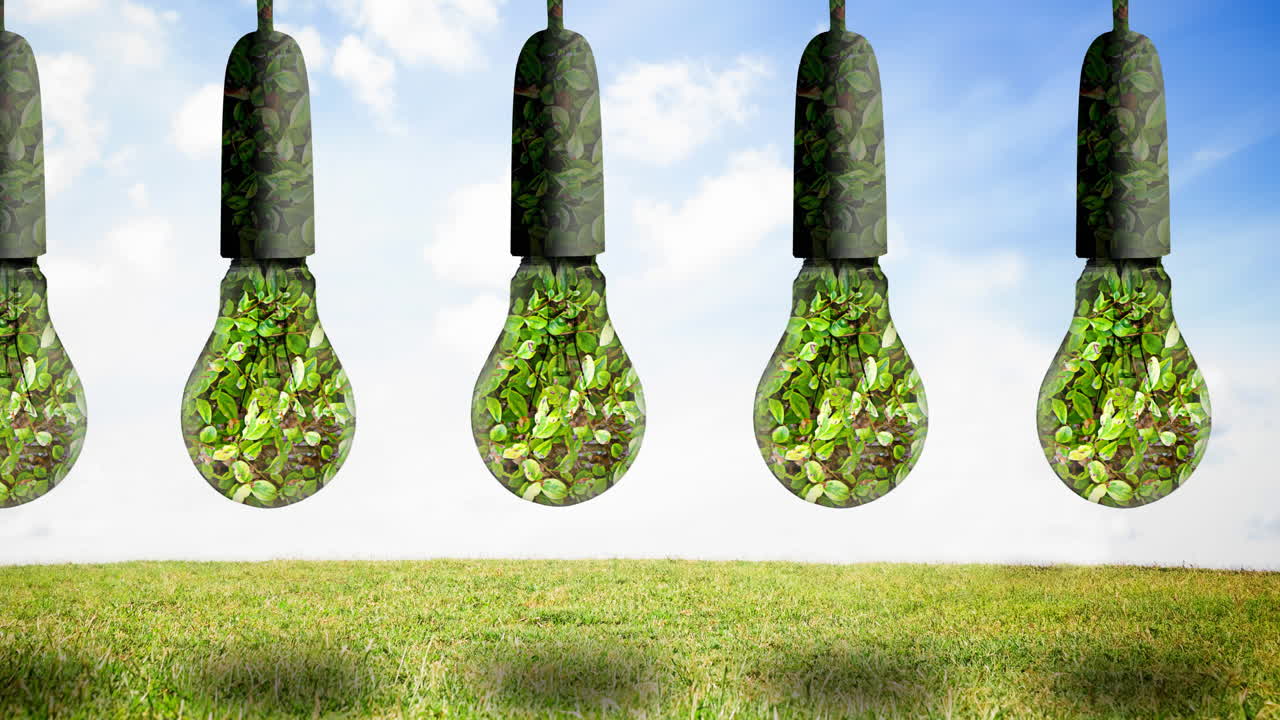 animación de bombillas llenas de plantas colgando sobre el cielo azul y la hierba