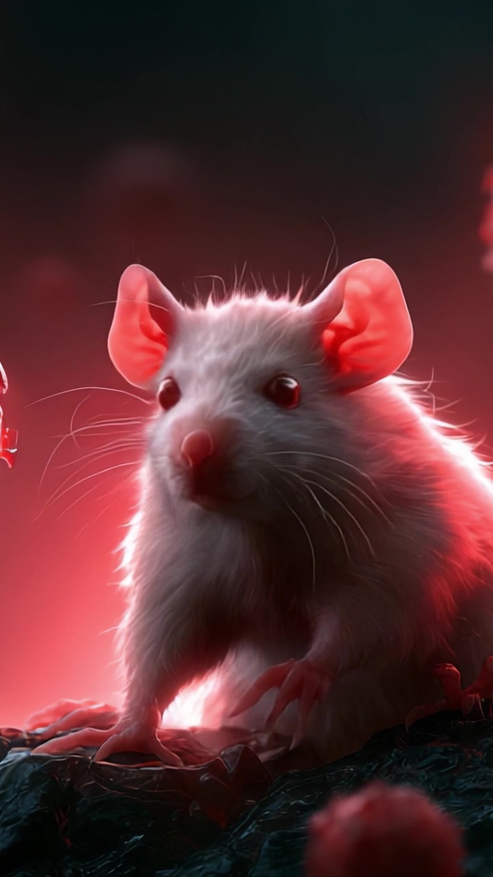 Uno sguardo accattivante a un topo bianco luminoso in un ambiente surreale con vivaci sfumature rosse e nere, che mostra le sue intricate caratteristiche e gli occhi espressivi