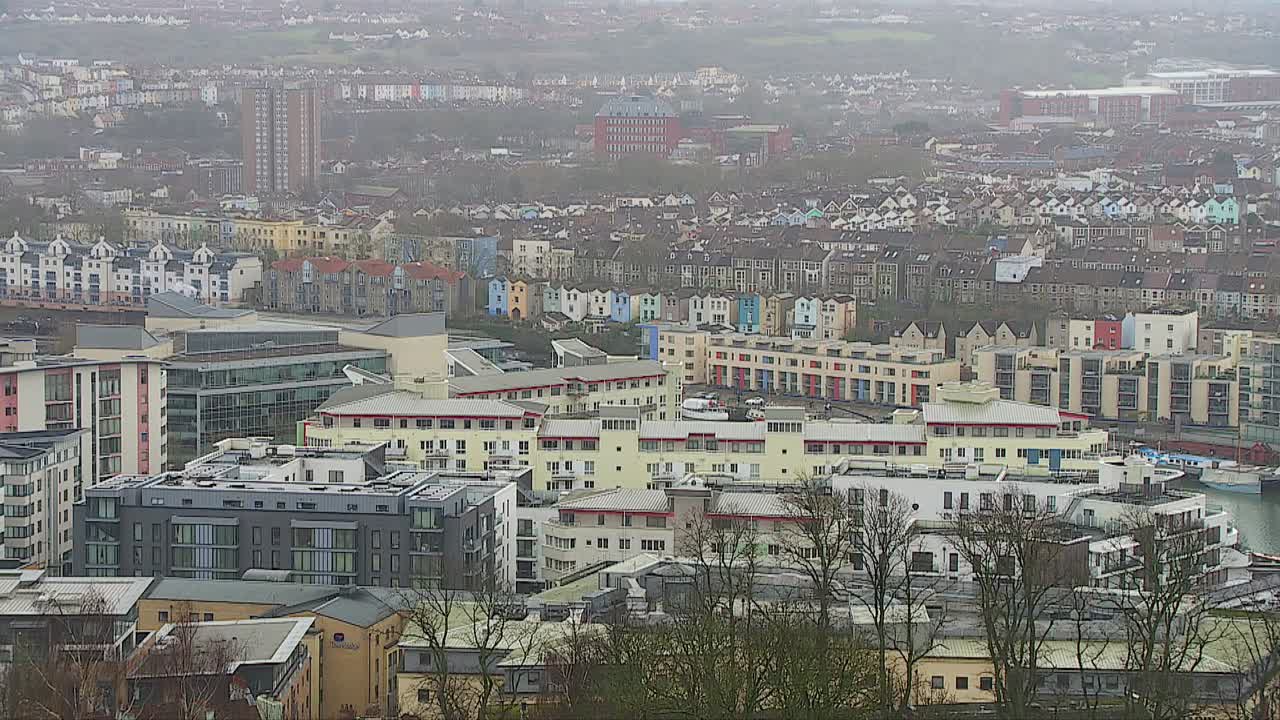 Views looking down over Bristol City Centre and the River Avon from the hillside