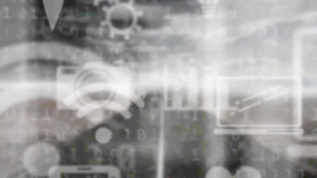 Animation of digital icons floating over landscape