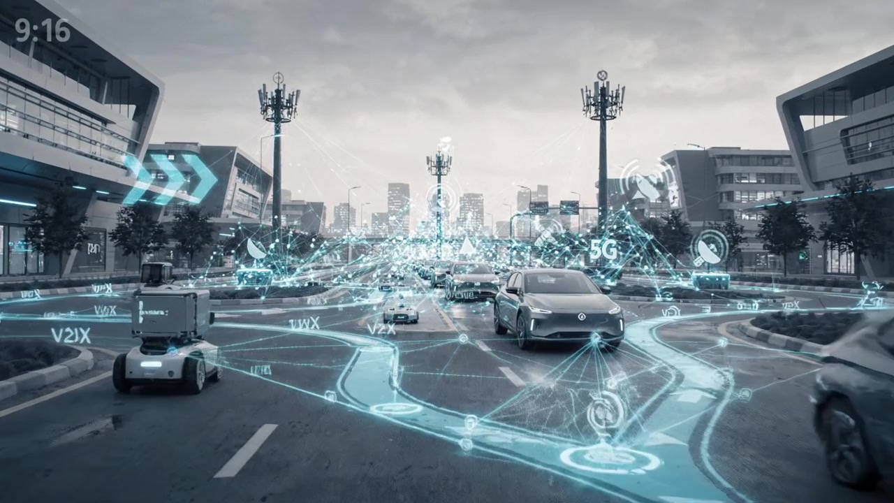 A Futuristic Cityscape Highlights the Integration of Autonomous Vehicles and Smart Technology in Urban Traffic Management and Connectivity Innovations