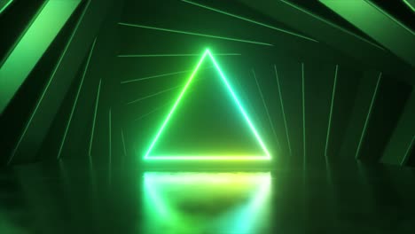 triángulo verde y amarillo de neón en un espacio geométrico abstracto oscuro