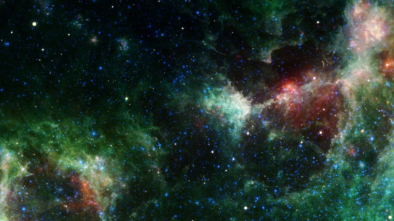 viaje espacial de bucle sin costuras 4k 3d a las nebulosas del corazón y el alma en la constelación de cassiopeia. exploración del espacio exterior de la galaxia con una nube de polvo y gas del campo estelar en la constitación de cassiopea.