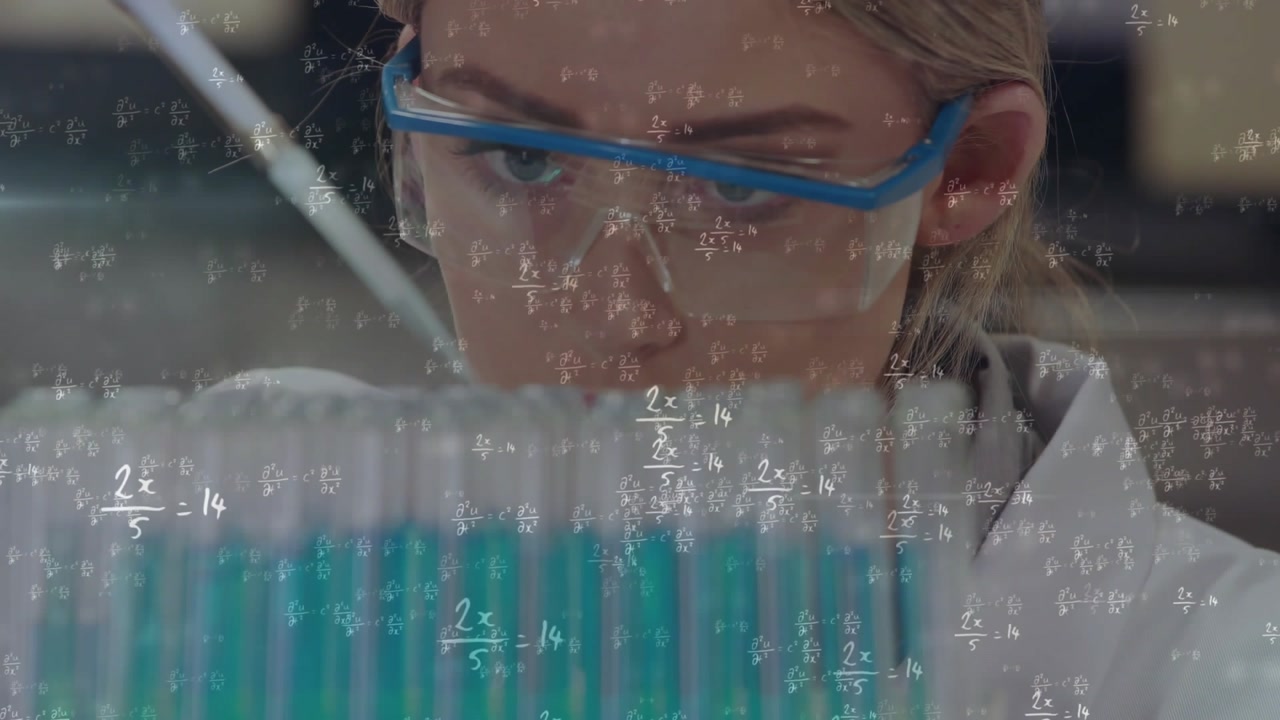 Woman lab tech starting pipette pipetting and checking tubes for tests equations showing over frame