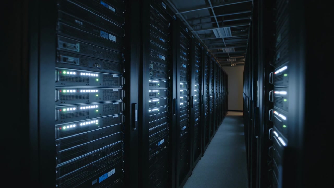 Telecamera in movimento che percorre uno stretto corridoio tra server rack in un data center, riprendendo i LED di stato