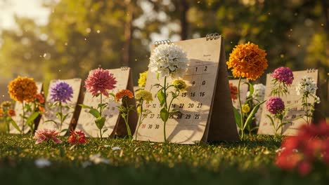 a beautiful display of colorful flowers growing around calendars in a lush green landscape, capturing the essence of nature's seasons and time